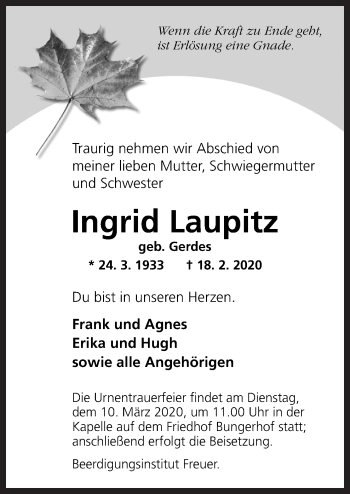 Traueranzeige von Ingrid Laupitz von Neue Osnabrücker Zeitung GmbH & Co. KG
