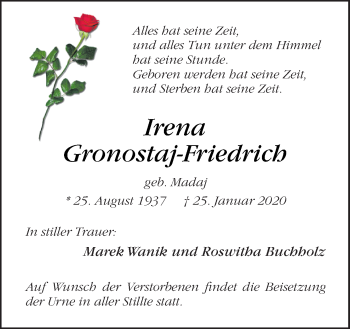 Traueranzeige von Irena Gronostaj-Friedrich von Neue Osnabrücker Zeitung GmbH & Co. KG