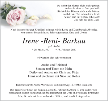 Traueranzeige von Irene Barkau von Neue Osnabrücker Zeitung GmbH & Co. KG