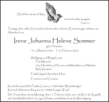 Traueranzeige von Irene Johanna Helene Sommer von Neue Osnabrücker Zeitung GmbH & Co. KG