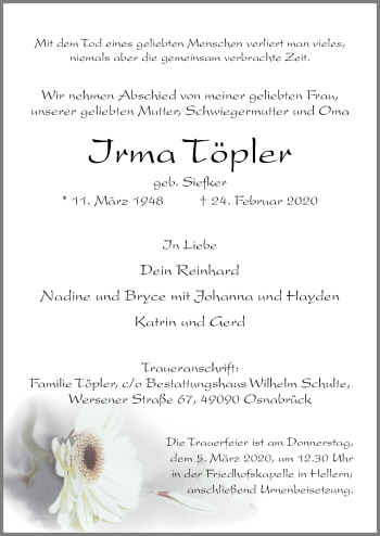 Traueranzeige von Irma Töpler von Neue Osnabrücker Zeitung GmbH & Co. KG