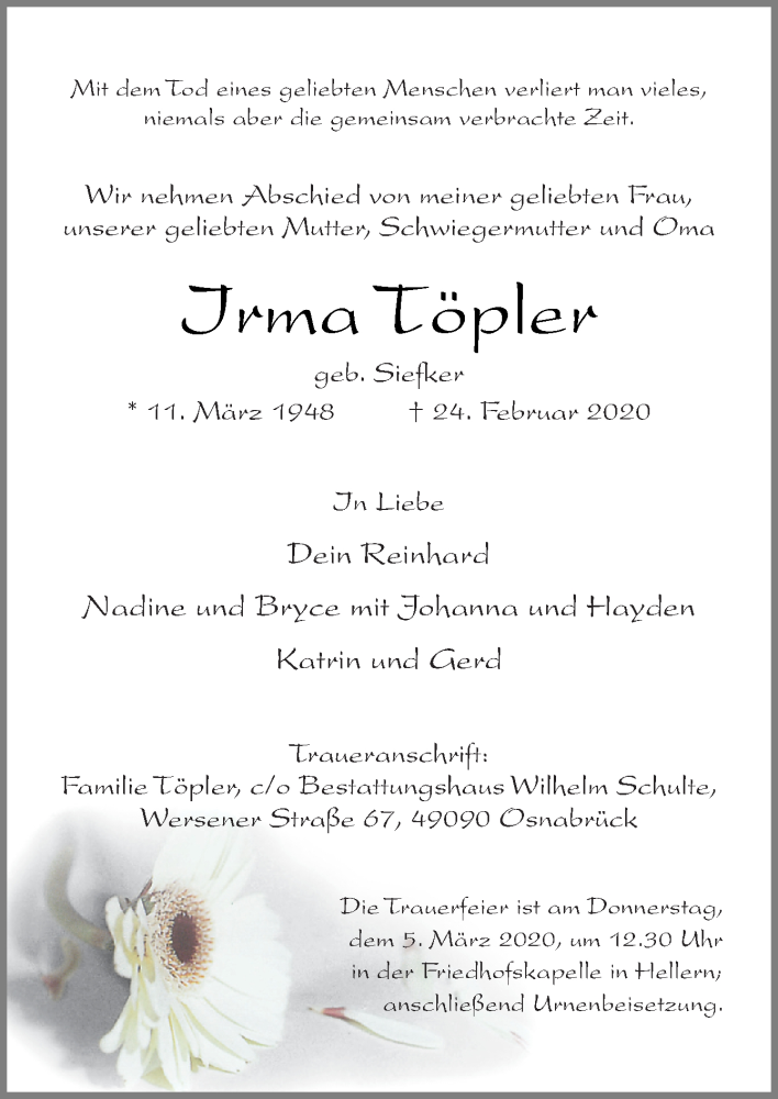  Traueranzeige für Irma Töpler vom 29.02.2020 aus Neue Osnabrücker Zeitung GmbH & Co. KG
