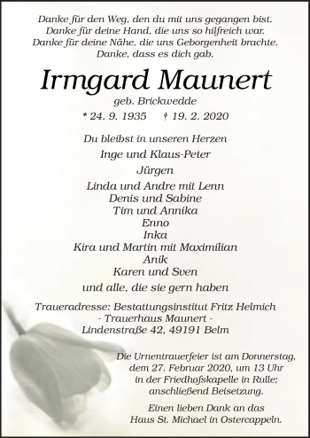 Traueranzeige von Irmgard Maunert von Neue Osnabrücker Zeitung GmbH & Co. KG