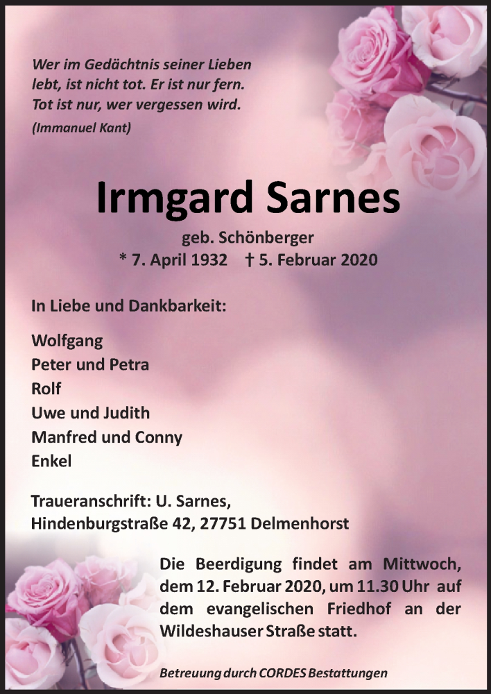  Traueranzeige für Irmgard Sarnes vom 08.02.2020 aus Neue Osnabrücker Zeitung GmbH & Co. KG