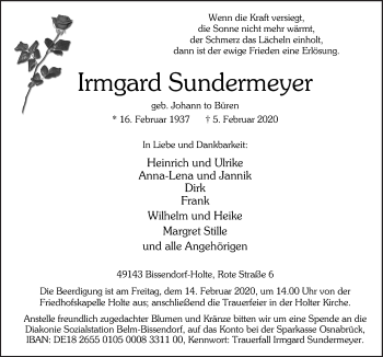 Traueranzeige von Irmgard Sundermeyer von Neue Osnabrücker Zeitung GmbH & Co. KG
