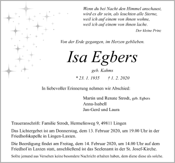 Traueranzeige von Isa Egbers von Neue Osnabrücker Zeitung GmbH & Co. KG