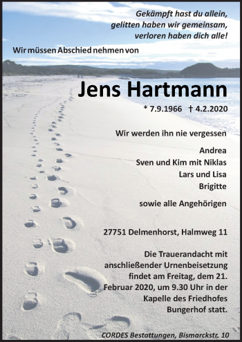 Traueranzeige von Jens Hartmann von Neue Osnabrücker Zeitung GmbH & Co. KG
