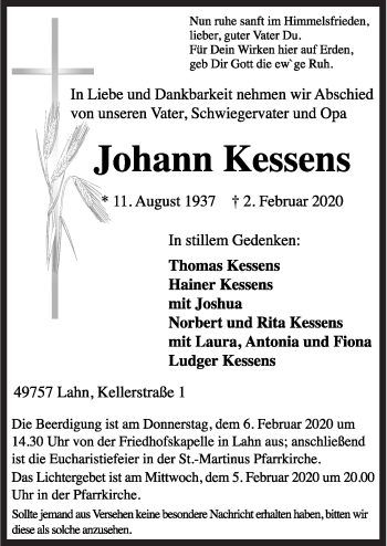 Traueranzeige von Johann Kessens von Neue Osnabrücker Zeitung GmbH & Co. KG