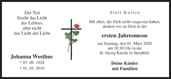 Traueranzeige von Johanna Westhus von Neue Osnabrücker Zeitung GmbH & Co. KG