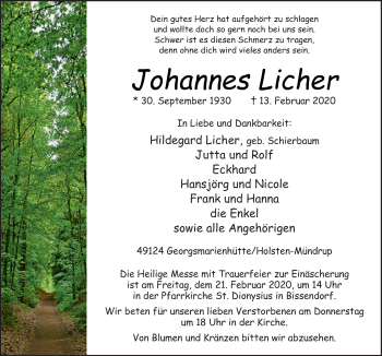 Traueranzeige von Johannes Licher von Neue Osnabrücker Zeitung GmbH & Co. KG
