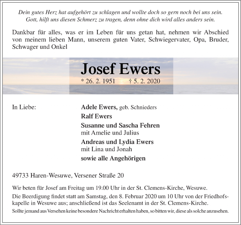  Traueranzeige für Josef Ewers vom 07.02.2020 aus Neue Osnabrücker Zeitung GmbH & Co. KG