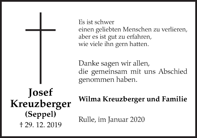  Traueranzeige für Josef Kreuzberger vom 01.02.2020 aus Neue Osnabrücker Zeitung GmbH & Co. KG