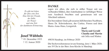 Traueranzeige von Josef Wübbels von Neue Osnabrücker Zeitung GmbH & Co. KG