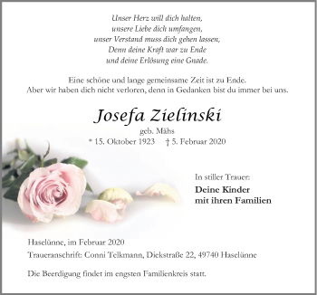 Traueranzeige von Josefa Zielinski von Neue Osnabrücker Zeitung GmbH & Co. KG