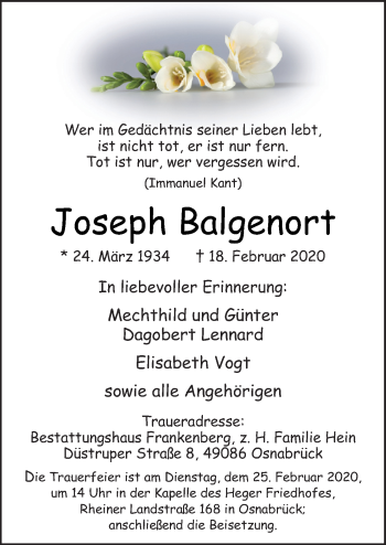 Traueranzeige von Joseph Balgenort von Neue Osnabrücker Zeitung GmbH & Co. KG