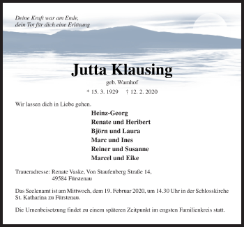 Traueranzeige von Jutta Klausing von Neue Osnabrücker Zeitung GmbH & Co. KG