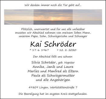 Traueranzeige von Kai Schröder von Neue Osnabrücker Zeitung GmbH & Co. KG