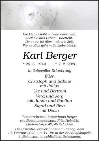 Traueranzeige von Karl Berger von Neue Osnabrücker Zeitung GmbH & Co. KG