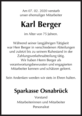 Traueranzeige von Karl Berger von Neue Osnabrücker Zeitung GmbH & Co. KG