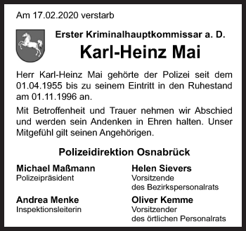 Traueranzeige von Karl-Heinz Mai von Neue Osnabrücker Zeitung GmbH & Co. KG