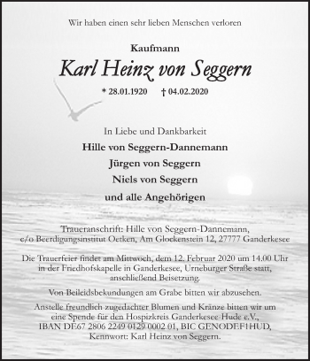 Traueranzeige von Karl Heinz von Seggern von Neue Osnabrücker Zeitung GmbH & Co. KG