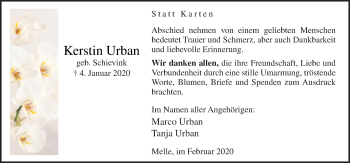 Traueranzeige von Kerstin Urban von Neue Osnabrücker Zeitung GmbH & Co. KG