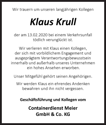 Traueranzeige von Klaus Krull von Neue Osnabrücker Zeitung GmbH & Co. KG