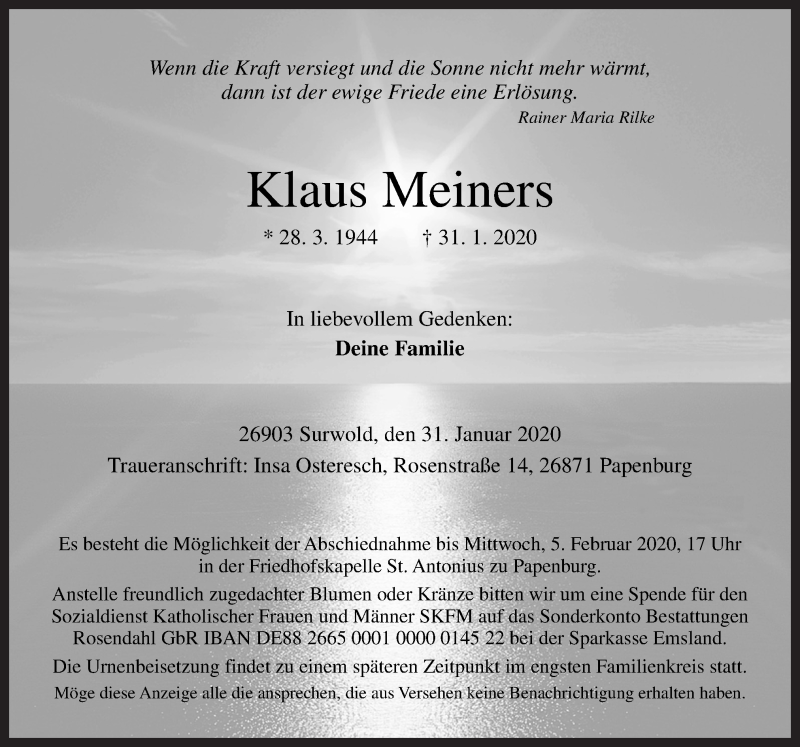  Traueranzeige für Klaus Meiners vom 03.02.2020 aus Neue Osnabrücker Zeitung GmbH & Co. KG