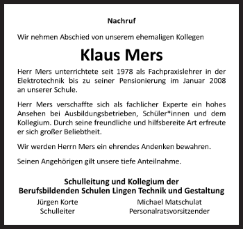 Traueranzeige von Klaus Mers von Neue Osnabrücker Zeitung GmbH & Co. KG