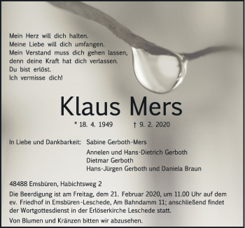 Traueranzeige von Klaus Mers von Neue Osnabrücker Zeitung GmbH & Co. KG