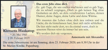 Traueranzeige von Klemens Haskamp von Neue Osnabrücker Zeitung GmbH & Co. KG