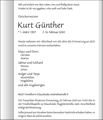 Traueranzeige von Kurt Günther von Neue Osnabrücker Zeitung GmbH & Co. KG