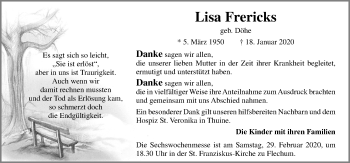 Traueranzeige von Lisa Frericks von Neue Osnabrücker Zeitung GmbH & Co. KG