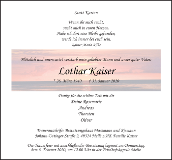 Traueranzeige von Lothar Kaiser von Neue Osnabrücker Zeitung GmbH & Co. KG
