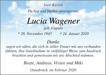 Traueranzeige von Lucia Wagener von Neue Osnabrücker Zeitung GmbH & Co. KG