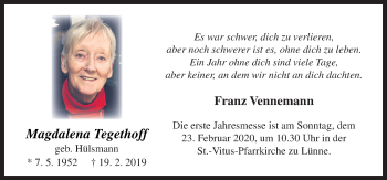 Traueranzeige von Magdalena Tegethoff von Neue Osnabrücker Zeitung GmbH & Co. KG