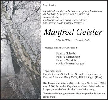Traueranzeige von Manfred Geisler von Neue Osnabrücker Zeitung GmbH & Co. KG