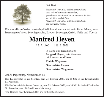Traueranzeige von Manfred Heyen von Neue Osnabrücker Zeitung GmbH & Co. KG