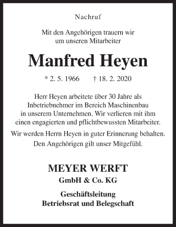 Traueranzeige von Manfred Heyen von Neue Osnabrücker Zeitung GmbH & Co. KG