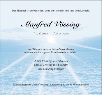 Traueranzeige von Manfred Vössing von Neue Osnabrücker Zeitung GmbH & Co. KG