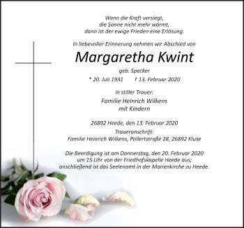 Traueranzeige von Margaretha Kwint von Neue Osnabrücker Zeitung GmbH & Co. KG