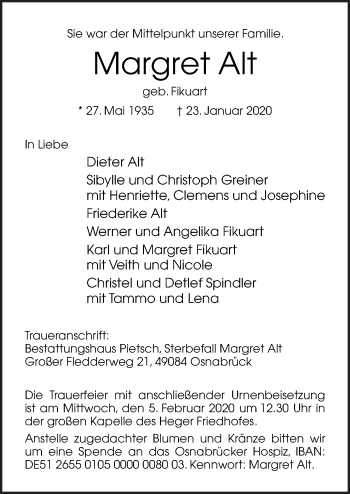 Traueranzeige von Margret Alt von Neue Osnabrücker Zeitung GmbH & Co. KG