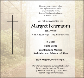 Traueranzeige von Margret Fehrmann von Neue Osnabrücker Zeitung GmbH & Co. KG