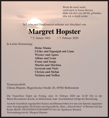 Traueranzeige von Margret Hopster von Neue Osnabrücker Zeitung GmbH & Co. KG