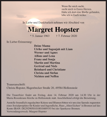 Traueranzeige von Margret Hopster von Neue Osnabrücker Zeitung GmbH & Co. KG