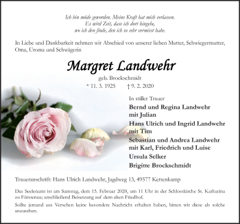 Traueranzeige von Margret Landwehr von Neue Osnabrücker Zeitung GmbH & Co. KG