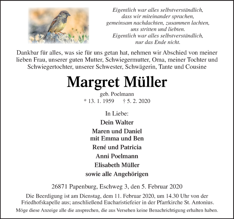  Traueranzeige für Margret Müller vom 08.02.2020 aus Neue Osnabrücker Zeitung GmbH & Co. KG