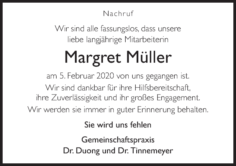  Traueranzeige für Margret Müller vom 10.02.2020 aus Neue Osnabrücker Zeitung GmbH & Co. KG