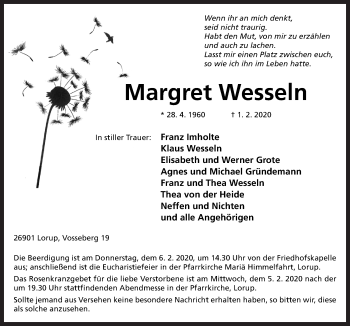 Traueranzeige von Margret Wesseln von Neue Osnabrücker Zeitung GmbH & Co. KG