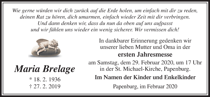  Traueranzeige für Maria Brelage vom 27.02.2020 aus Neue Osnabrücker Zeitung GmbH & Co. KG